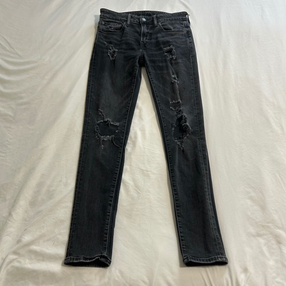 American Eagle Airflex+ Skinny Distressed Black Jeans 29x32 Mens Denim